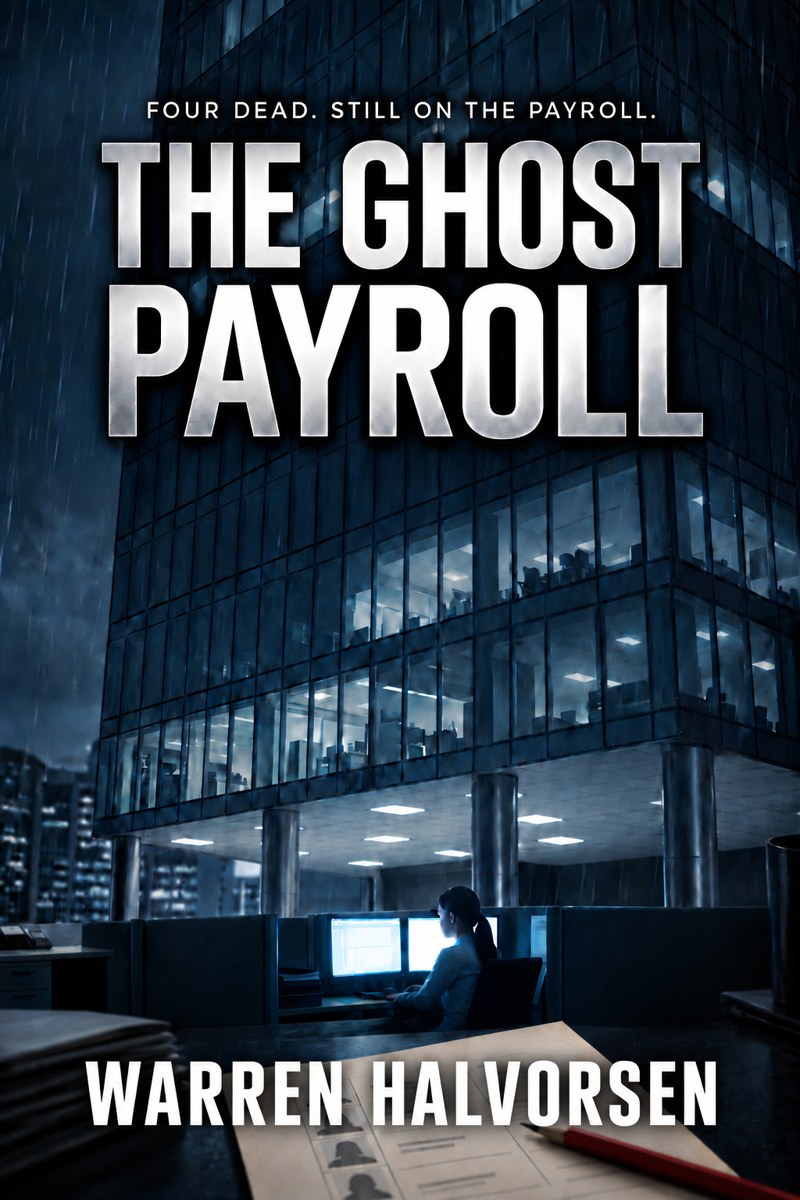 The Ghost Payroll by Warren Halvorsen: a dark office building at night, an investigator at a desk, and the words Four dead. Still on the payroll.